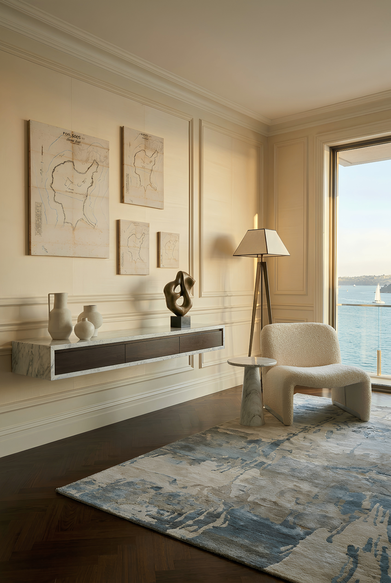 Survey plan artworks displayed in a harbourside Sydney interior